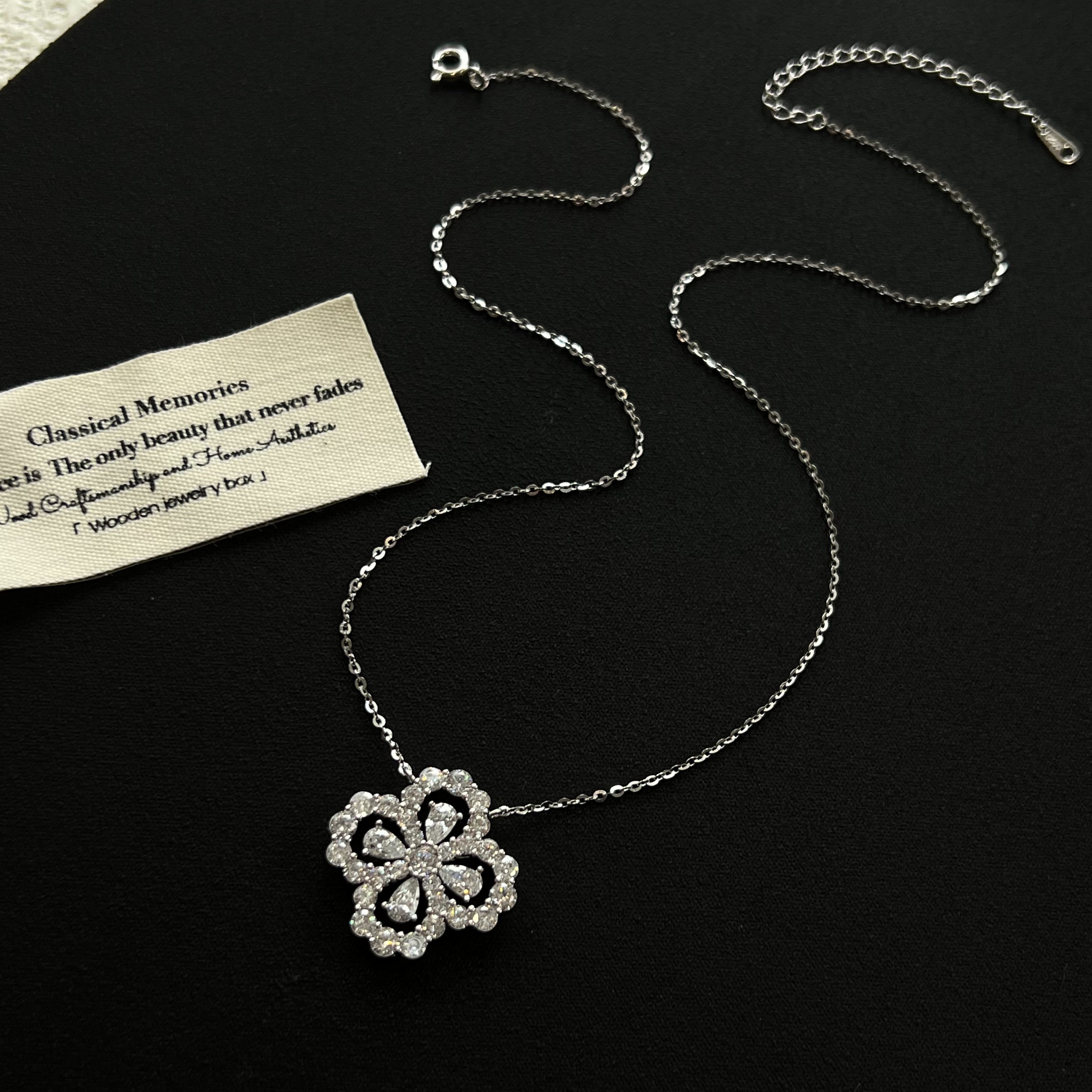 坠链均925银锆石 女神【重工璀璨】四叶满锆锁骨项链1337