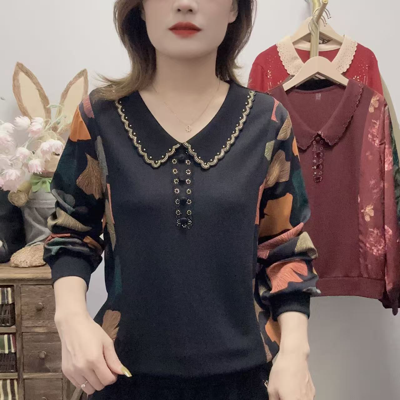 【丽姐家】秋季新款妈妈装中老年女装百搭常规衬长袖娃娃领上衣