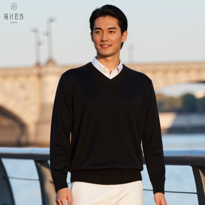 100%纯羊绒衫V领长袖男士厚款秋冬保暖品质男装精纺纯色男款商务