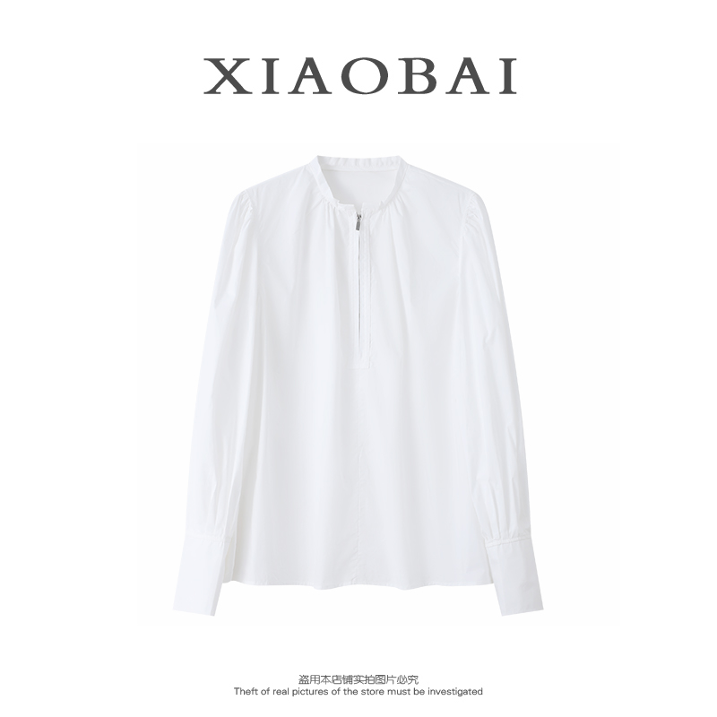 XIAOBAI春秋法式圆领衬衫韩设计感衬衣长袖白色时尚宽松显瘦上衣