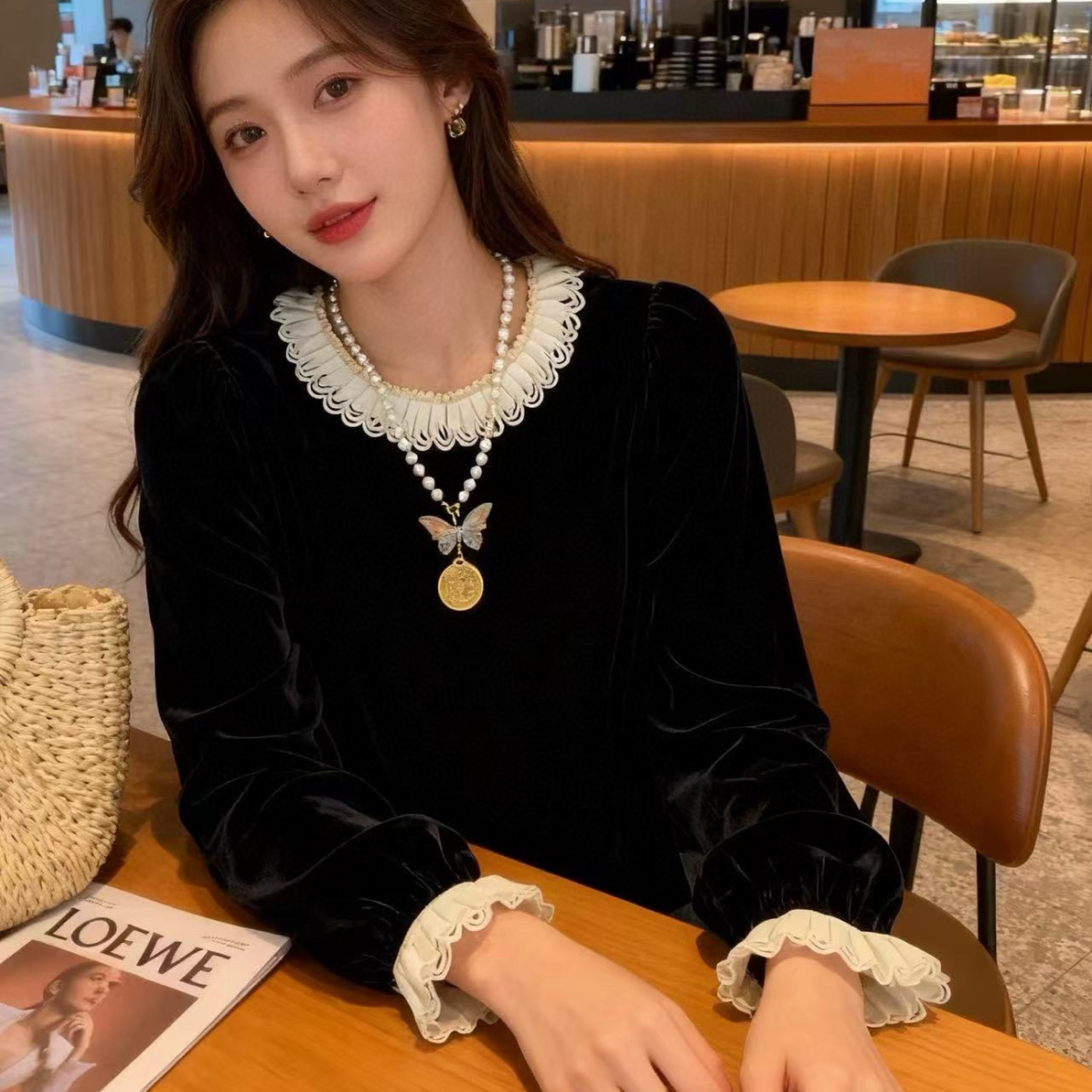 手工订珠花边领100%桑蚕丝真丝丝绒上衣