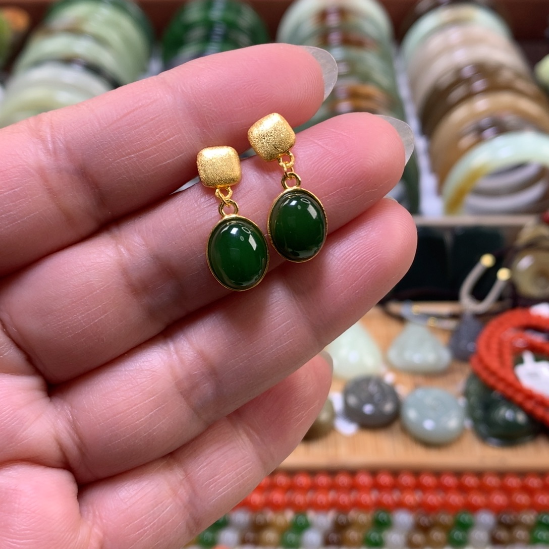 和田玉（碧玉）银S925镶嵌耳饰