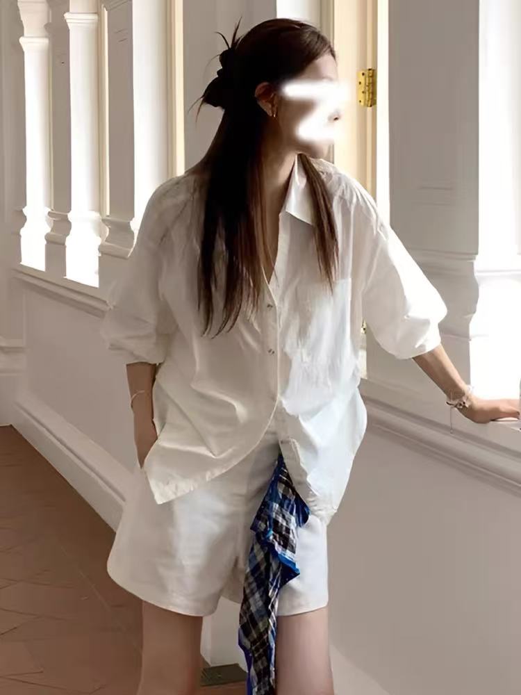 【全额运补】纯棉会凹造型的白衬衫秋季白色翻领泡泡袖收腰衬衣101