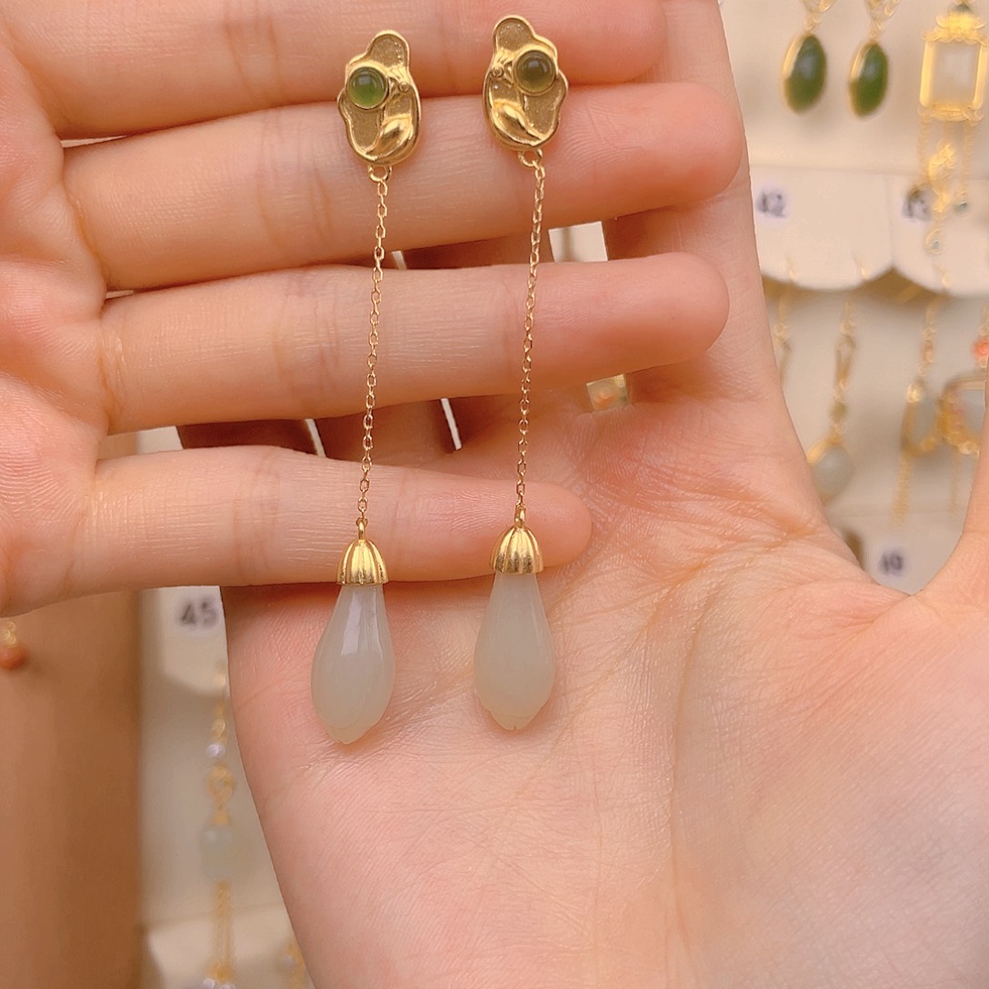 和田玉耳饰银S925镀金镶嵌