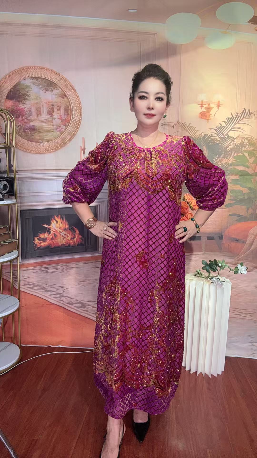 修身型圆领中长款长款中老年女装宽松显瘦印花江南风