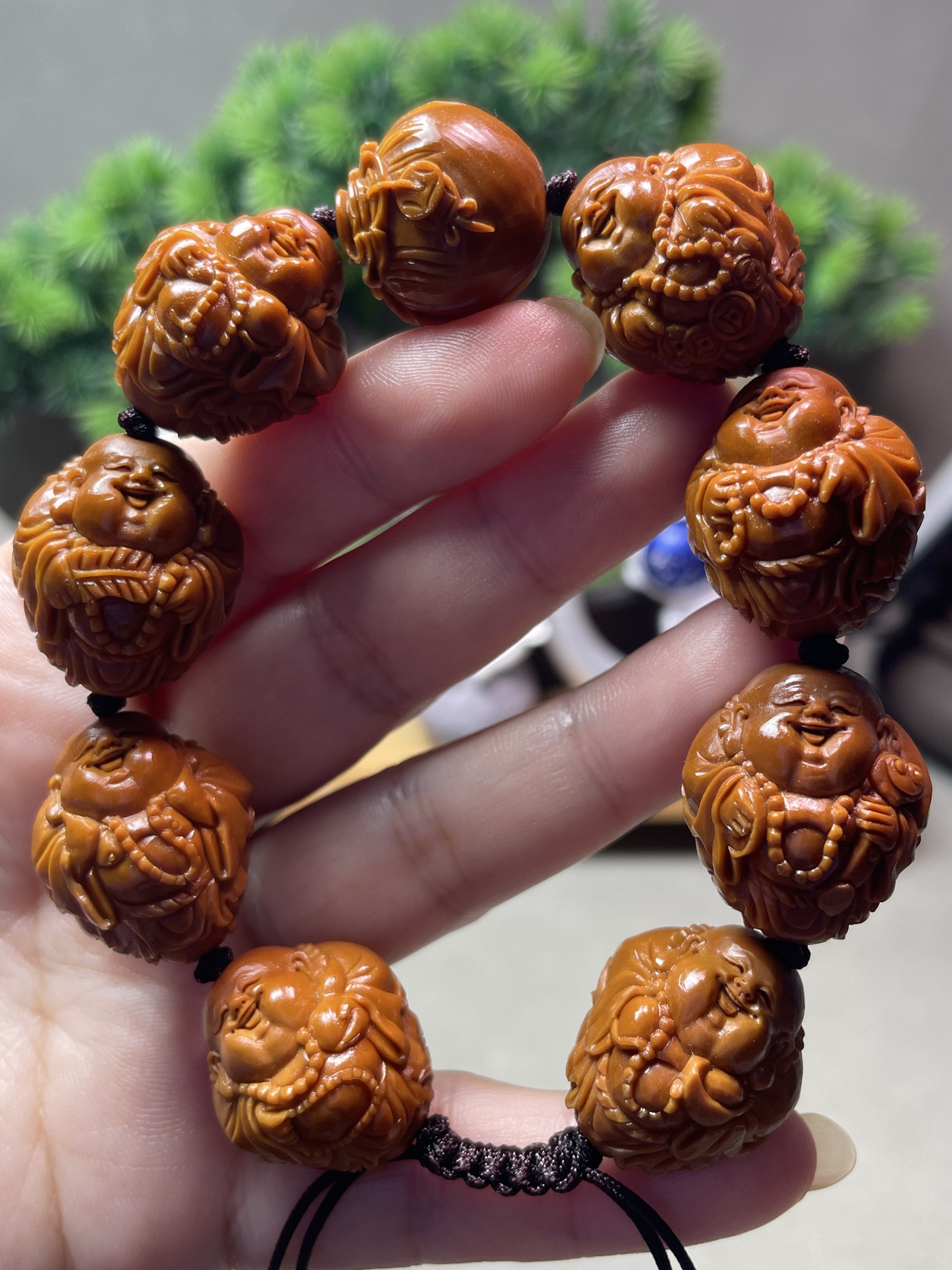 2.1瑞兽弥勒八宝背兽弥勒佛招财纳福精品橄榄核雕刻文玩手串