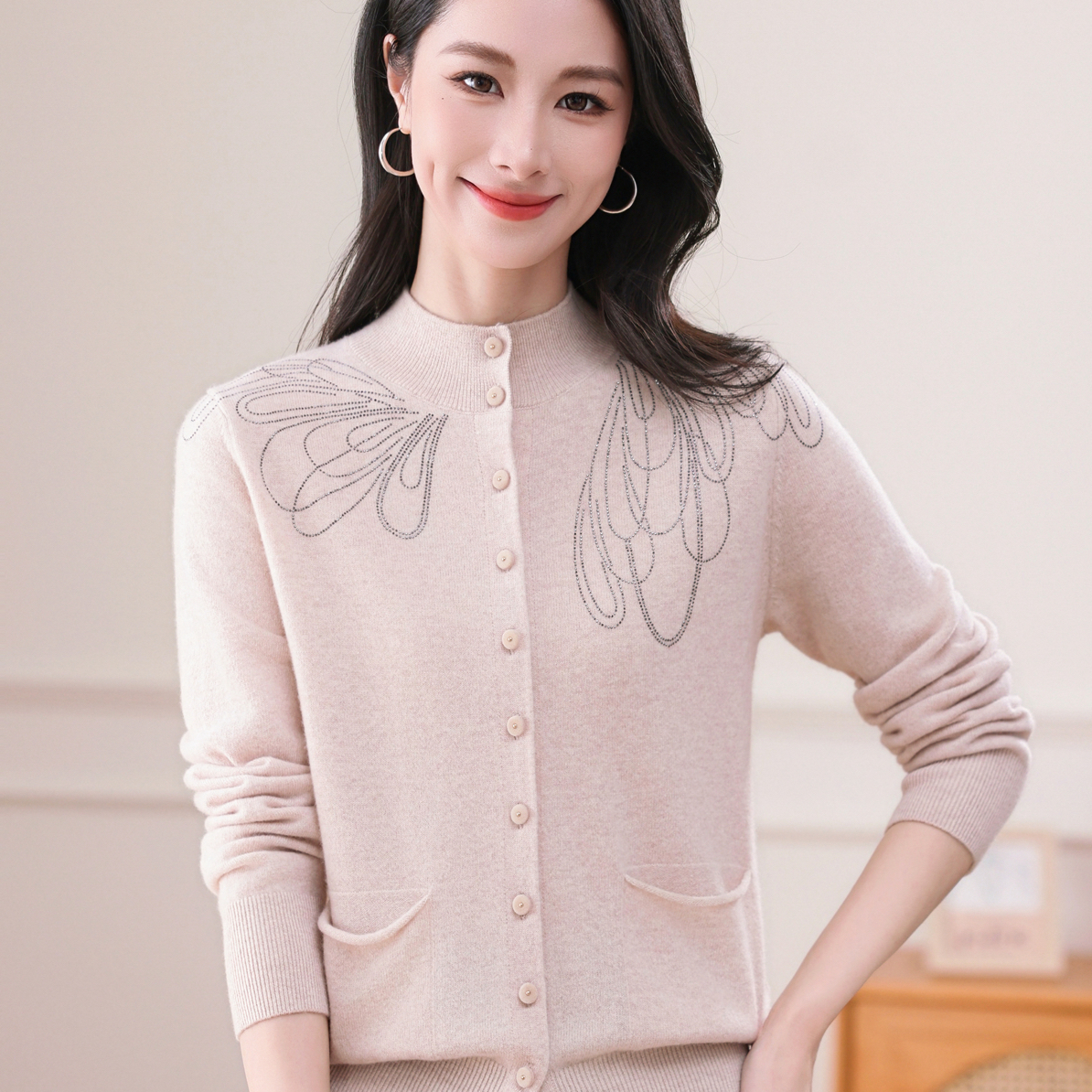 【100%绵羊毛】秋冬新款半高领烫钻针织羊毛开衫宽松洋气毛衣外套女