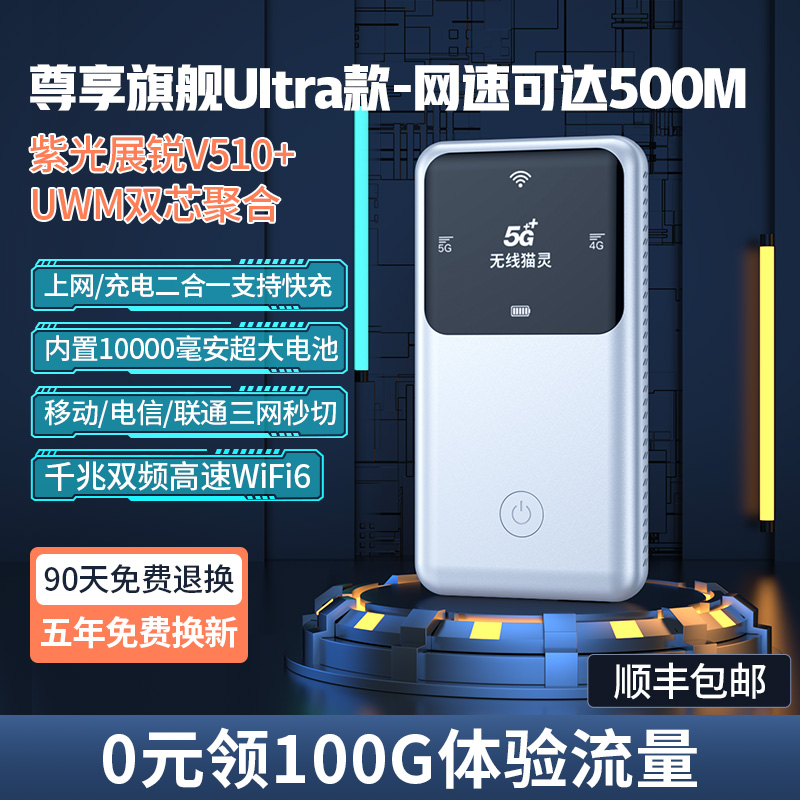 无线猫灵1W毫安真5G随身WiFi6大流量三网切换车载路由器全国通用