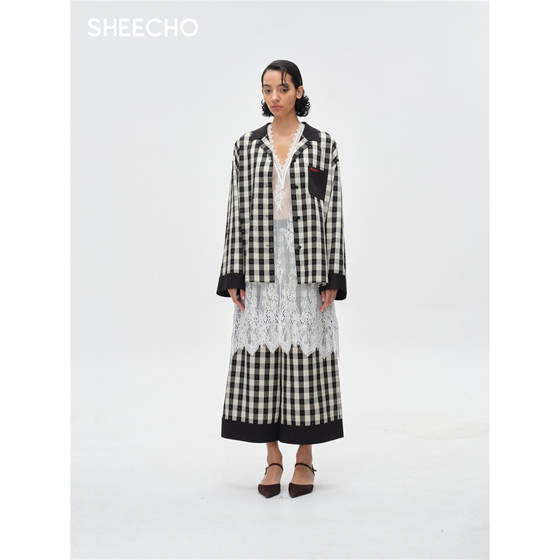 ASYUS设计师品牌25PF早秋格纹英伦风拼色口袋衬衫女上衣SHEECHO