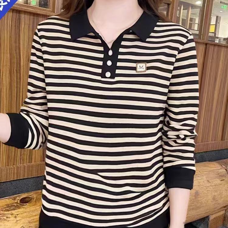 2025年春秋季翻领条纹长袖时尚百搭显瘦中老年女装打底上衣
