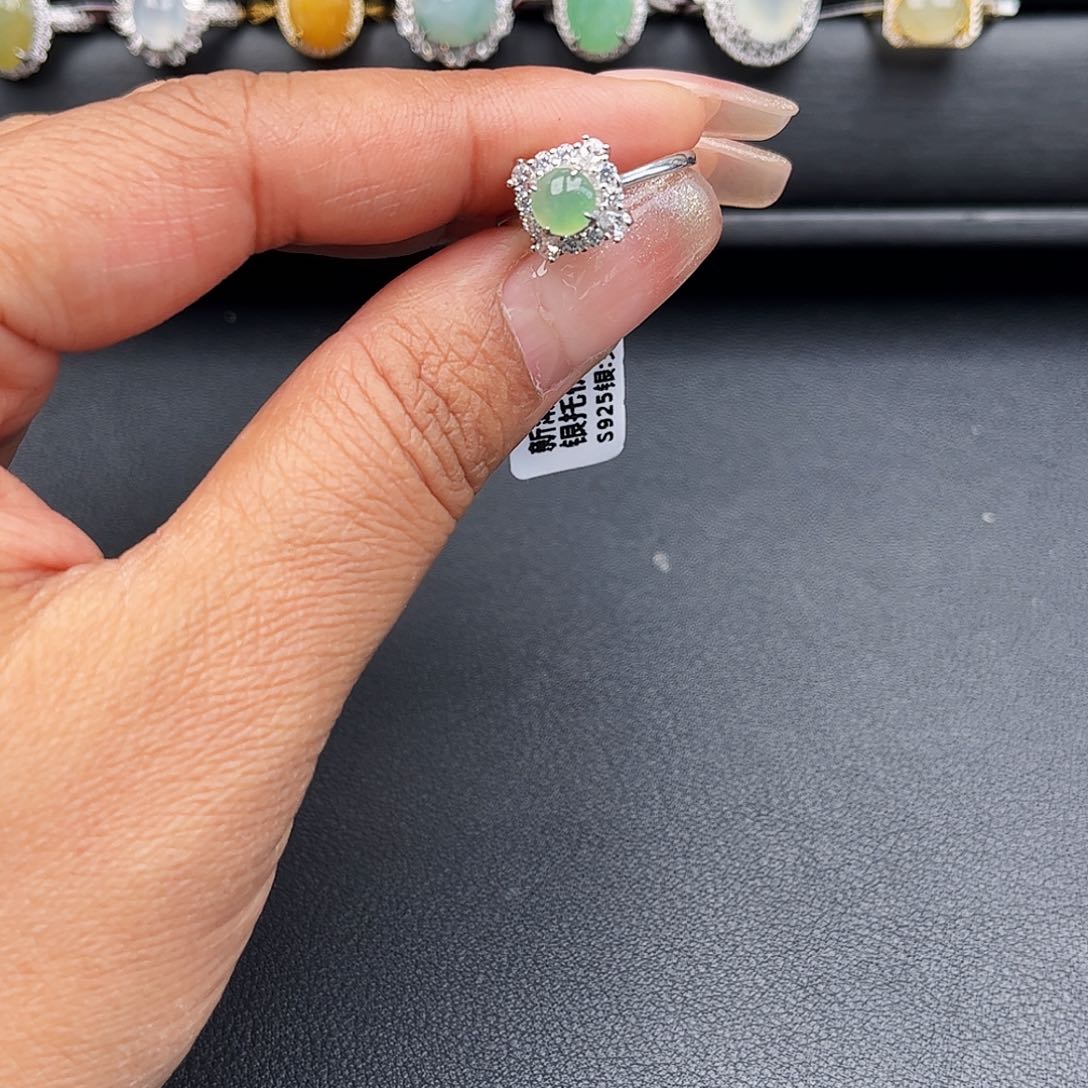 翡翠戒指银S925镶嵌缅甸天然A货翡翠女戒指