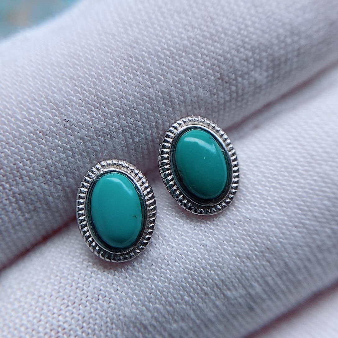 绿松石耳钉银S925镶嵌