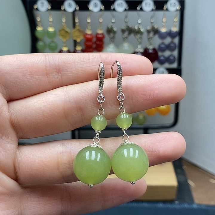 和田玉银S925镶嵌耳饰14mm 