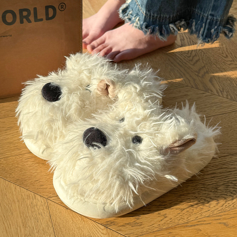 可爱棉鞋女冬季毛毛加绒保暖棉拖鞋小狗潦草室内居家厚情侣底防滑