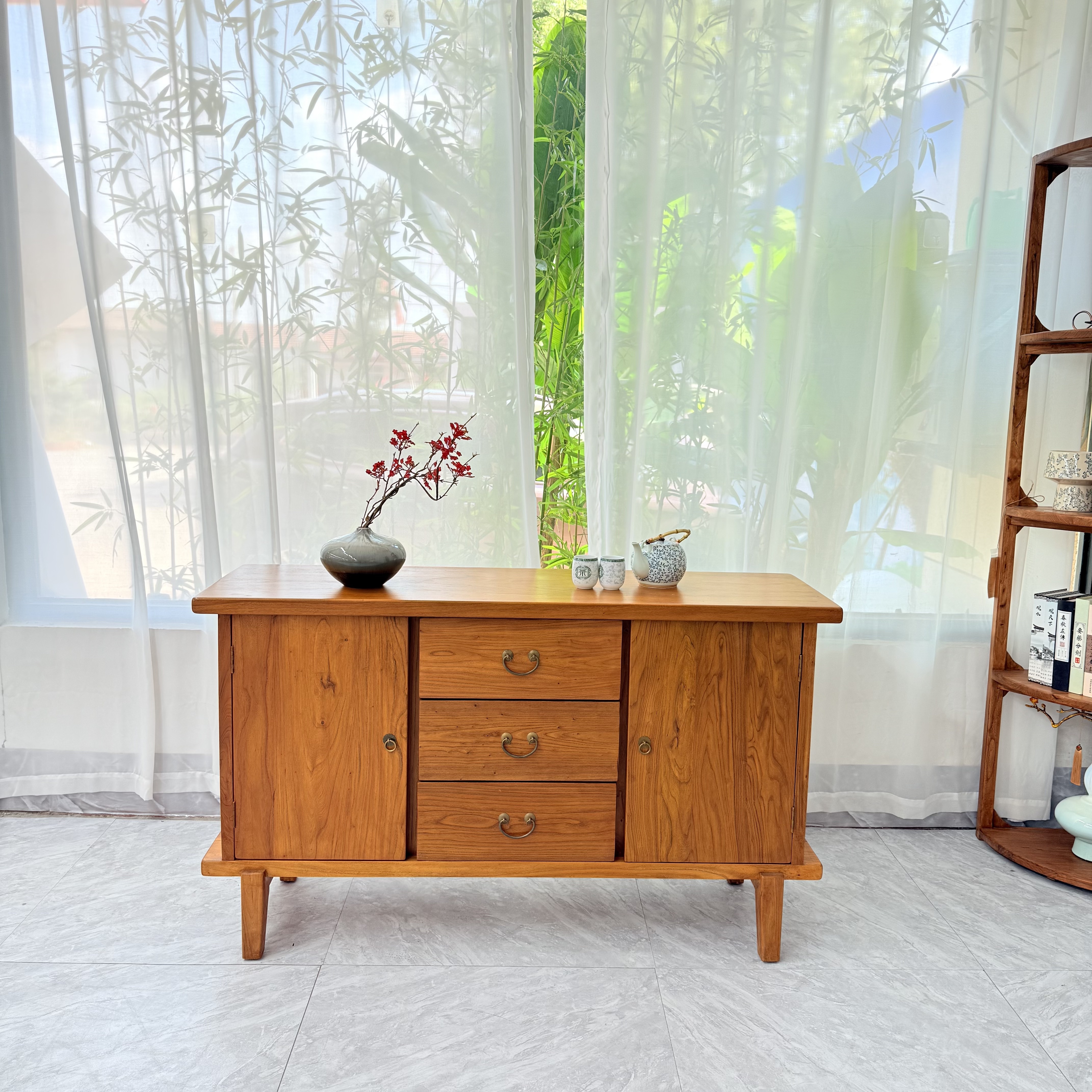 老梁故事新中式老榆木落地客厅卧室大容量储物柜高脚三斗两门柜