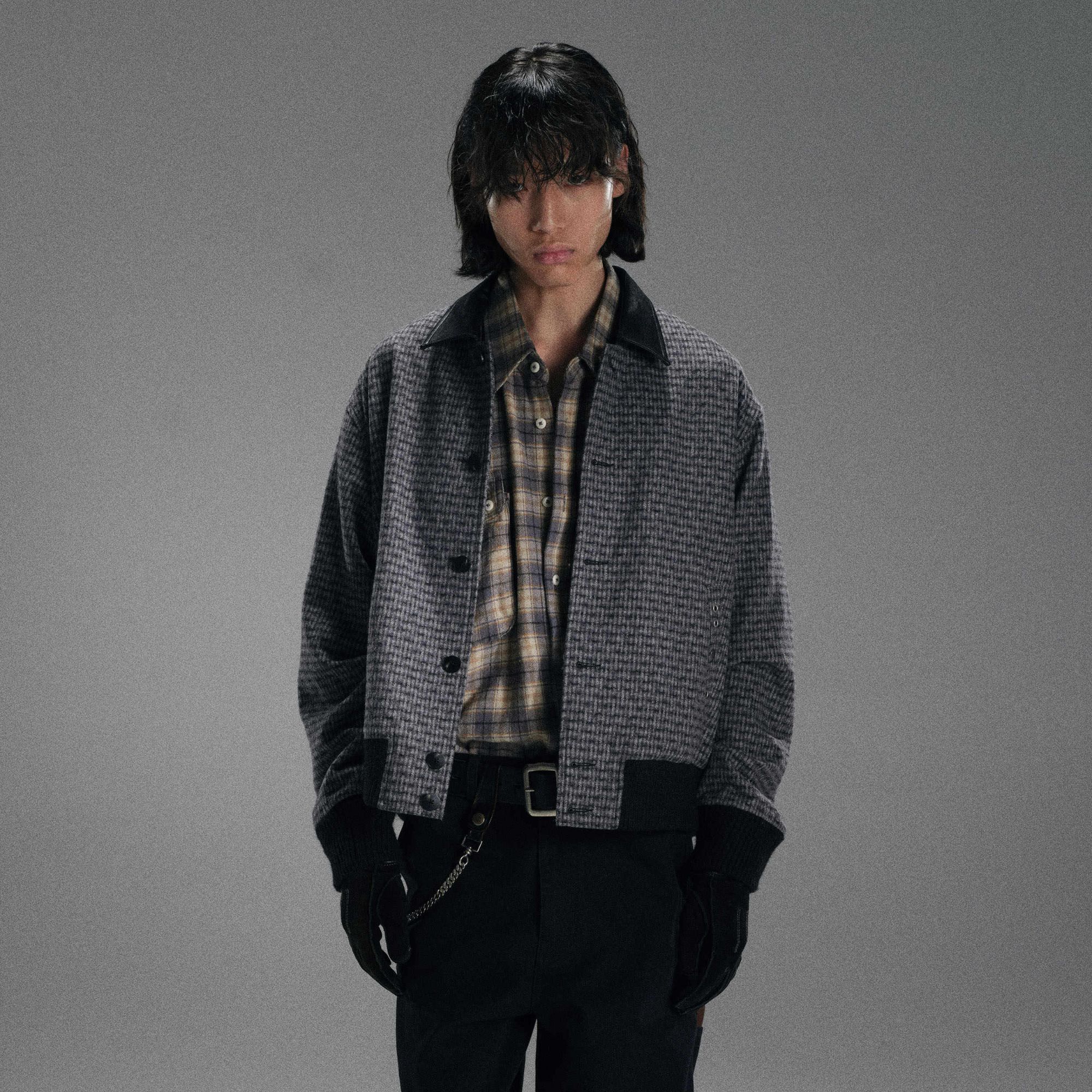 huntingold秋冬羊毛格纹拼接皮领复古短宽夹克 1533休闲时尚潮流