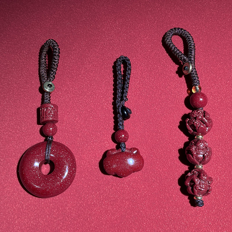 含辰砂工艺品朱砂钥匙扣蛇年三合六合包挂件平安扣绳链高含量正品