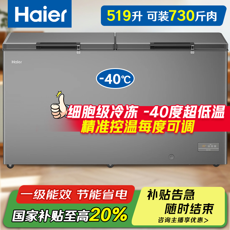 海尔冰柜519升零下-40度电子控温商用大容量海鲜冷冻柜双开门冷柜