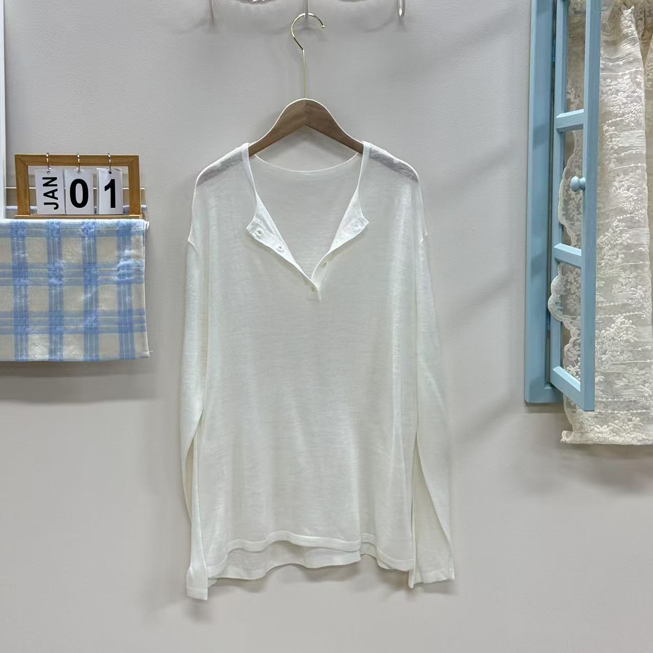 【亚麻罩衫】韩系亚麻薄款针织长袖慵懒内搭宽松垂顺百搭小众罩衫