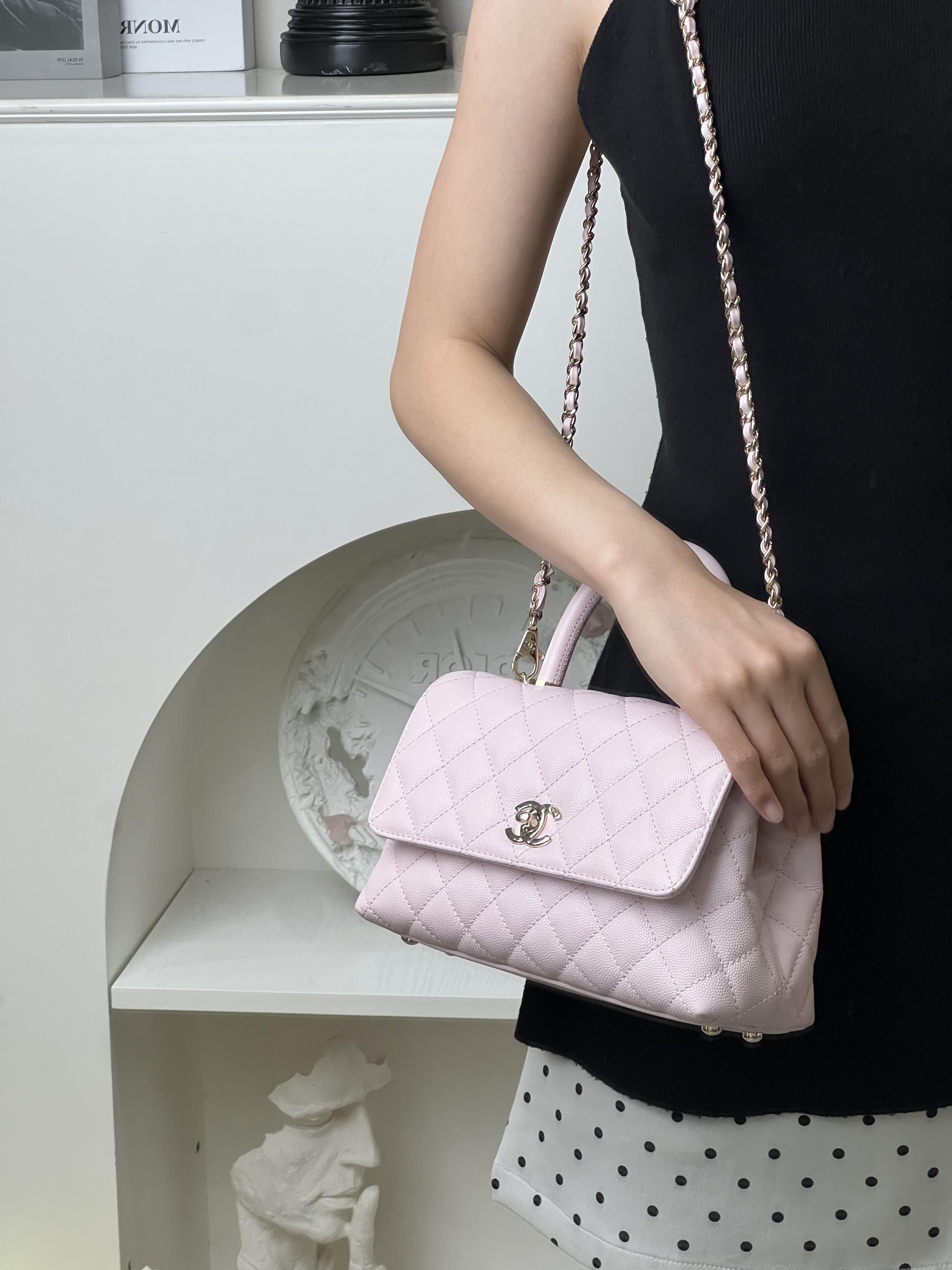 99新 Chanel/香奈儿 cocohandle 小号樱花粉荔枝纹