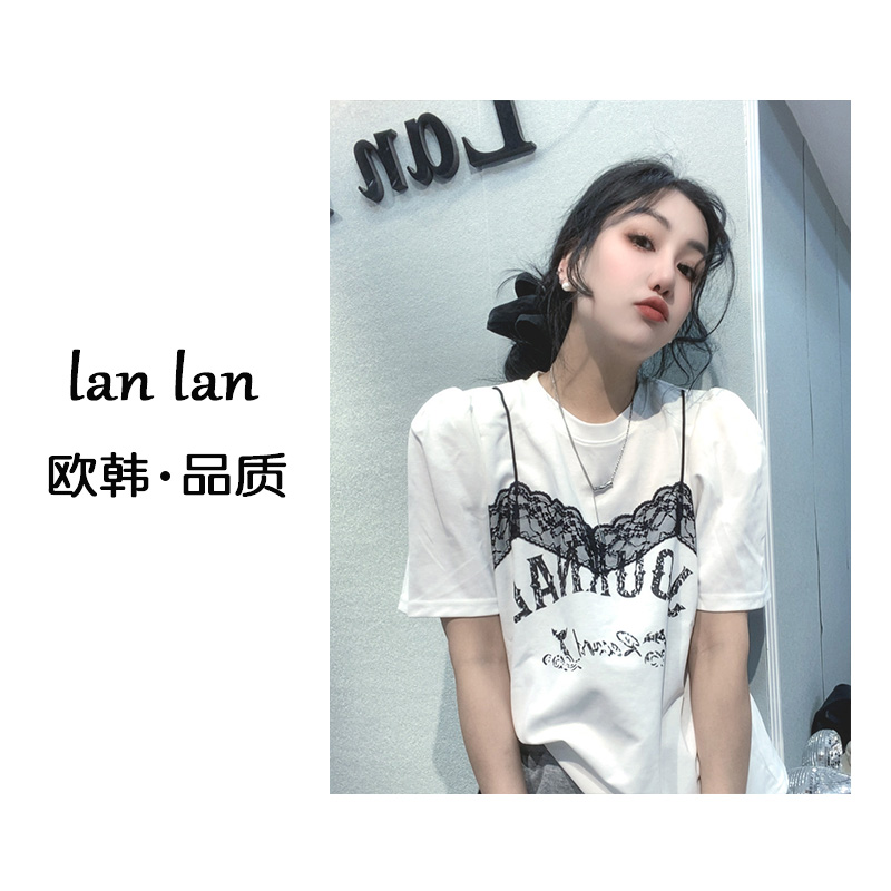 琪琪-夏上新【公主袖吊带】83287韩版小众设计感蕾丝吊带T恤正肩