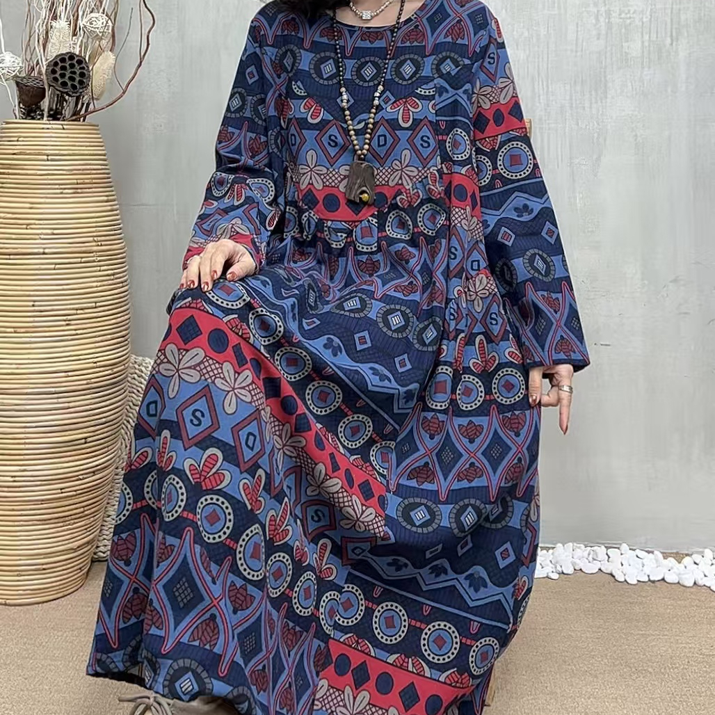 12186新款春秋民族风优雅减龄宽松大气碎花连衣裙QZ