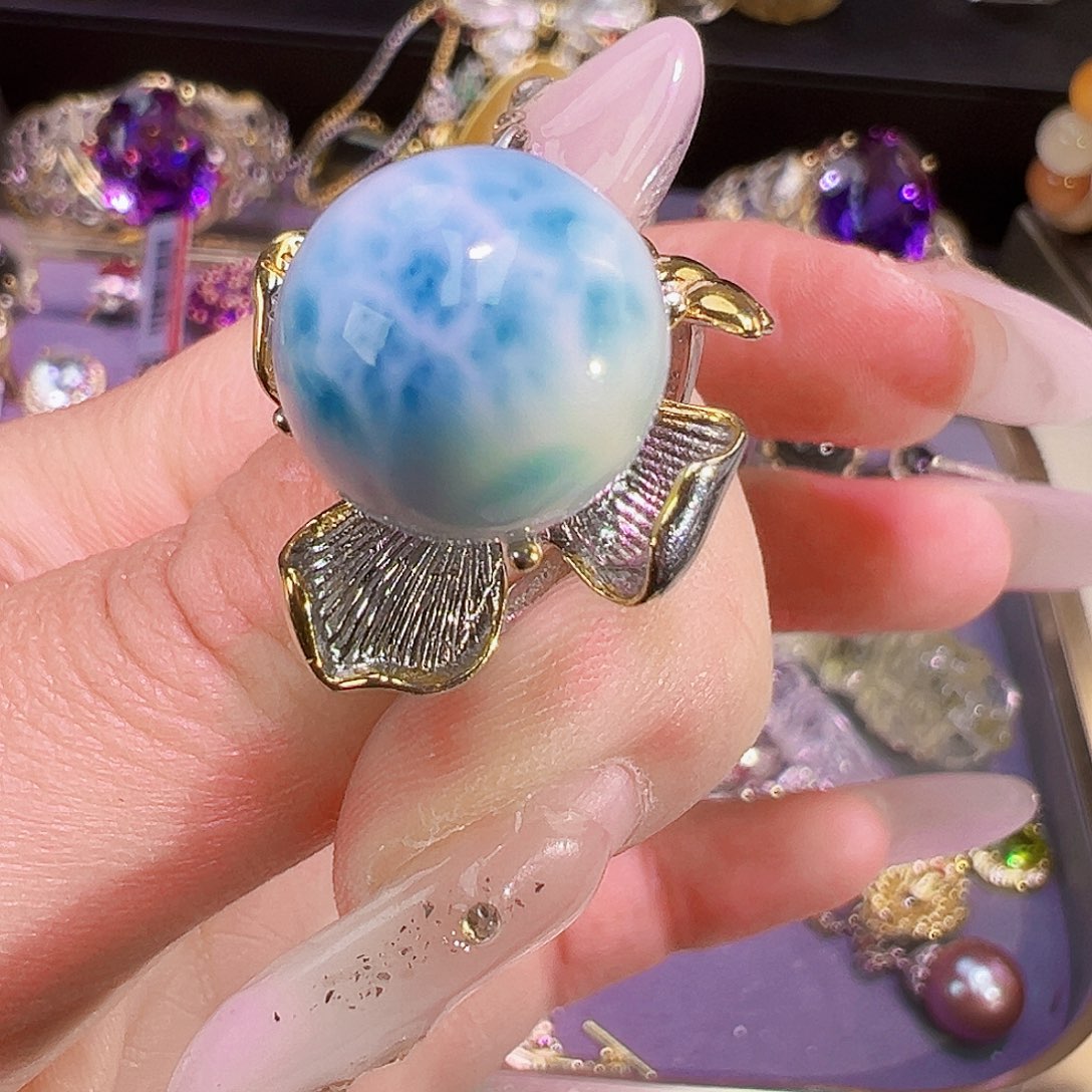 银S925镶嵌针钠钙石（海纹石）珠宝奇石