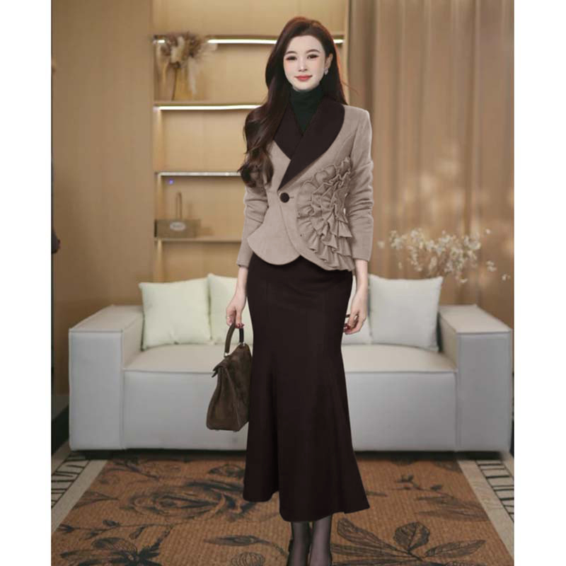 【两件套】【有里布】咖色长袖上衣+鱼尾半身裙套装TX0275