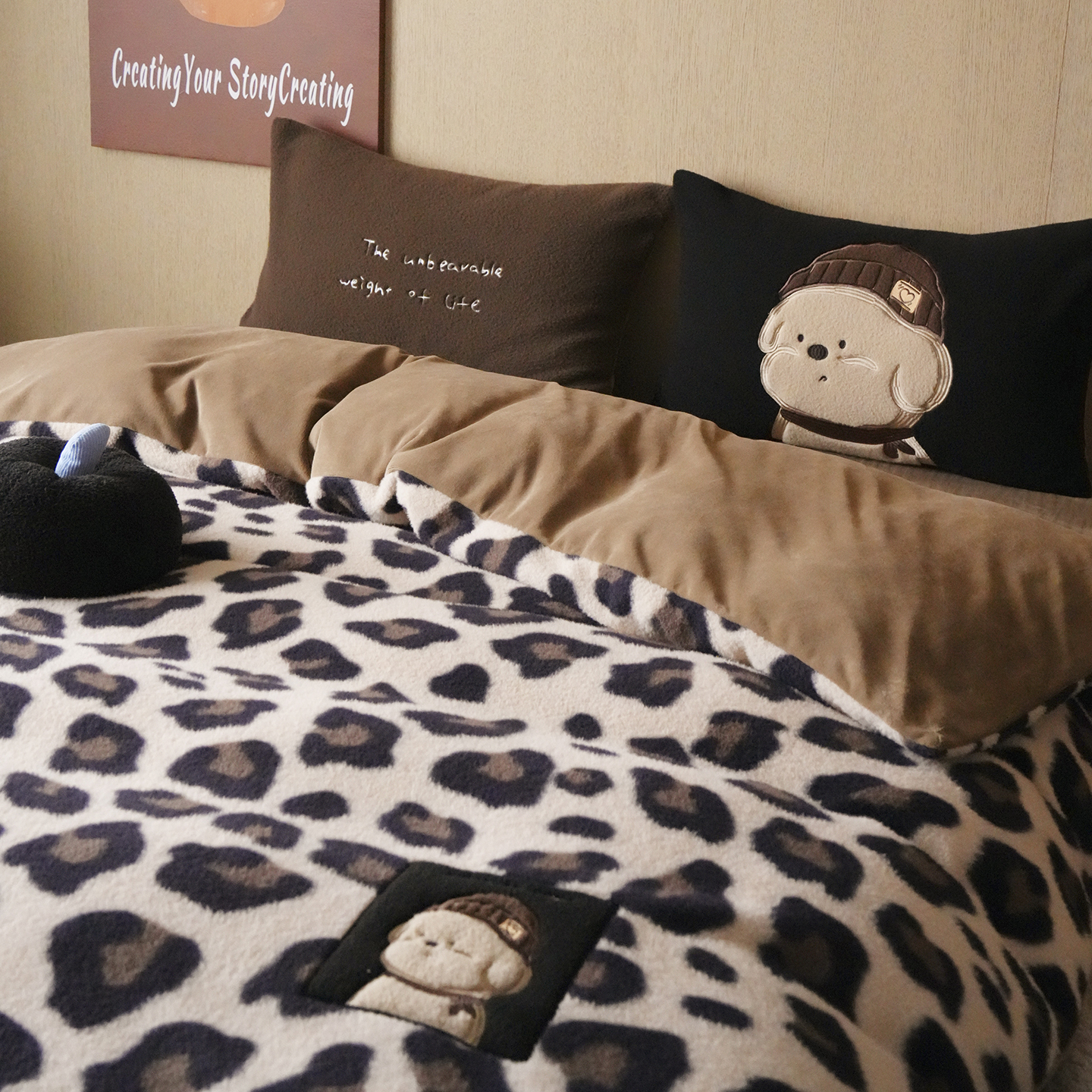 美拉德豹纹牛奶绒四件套毛绒保暖冬季加厚卡通仿羊绒被套床单床品