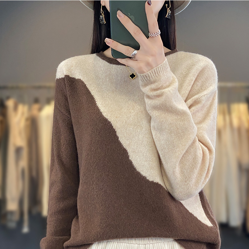 炙手可热~秋冬新款长袖圆领撞色羊毛衫女长袖百搭毛衣针织衫