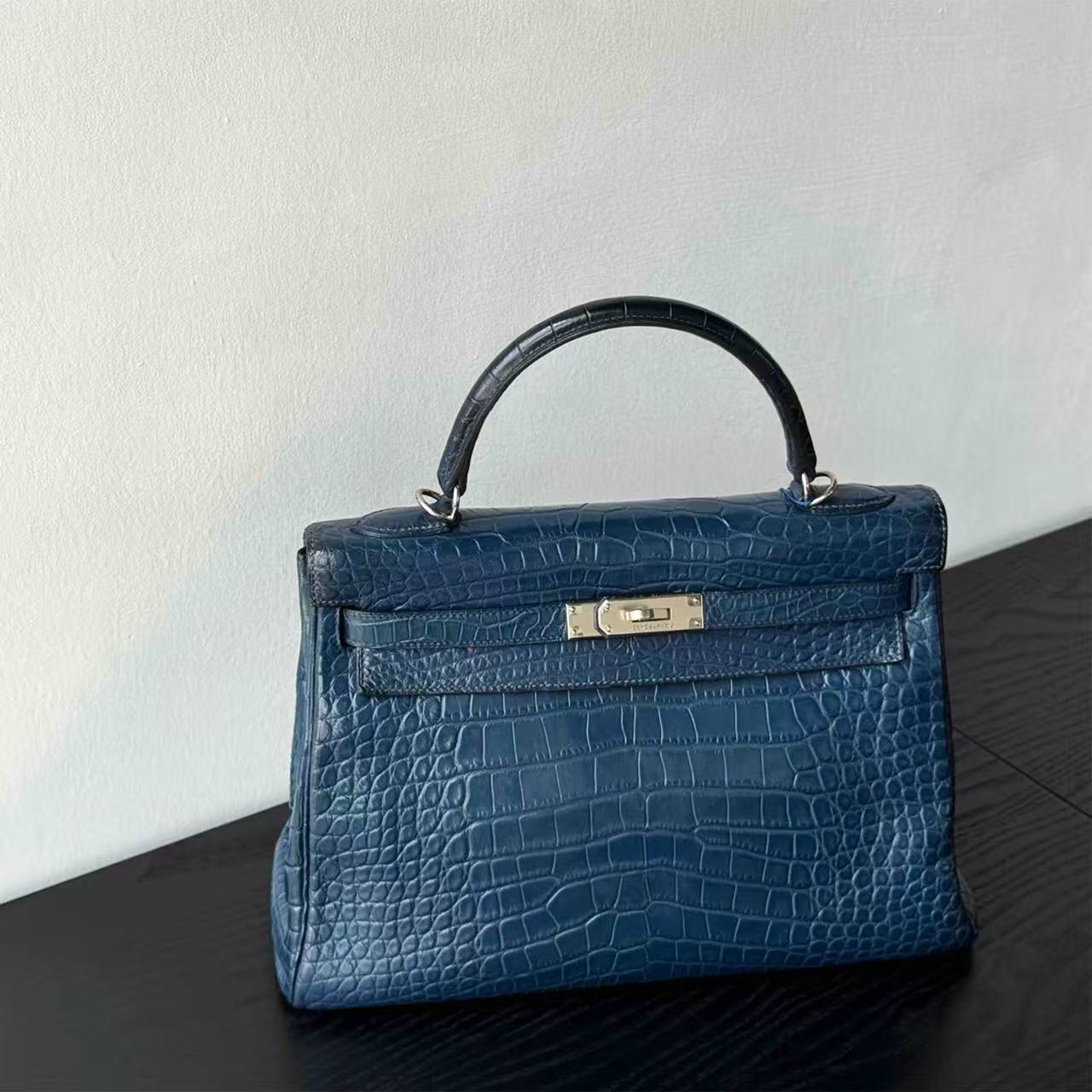 99新 Hermes/爱马仕 kelly32 马耳他蓝银扣雾面框O刻 手提包