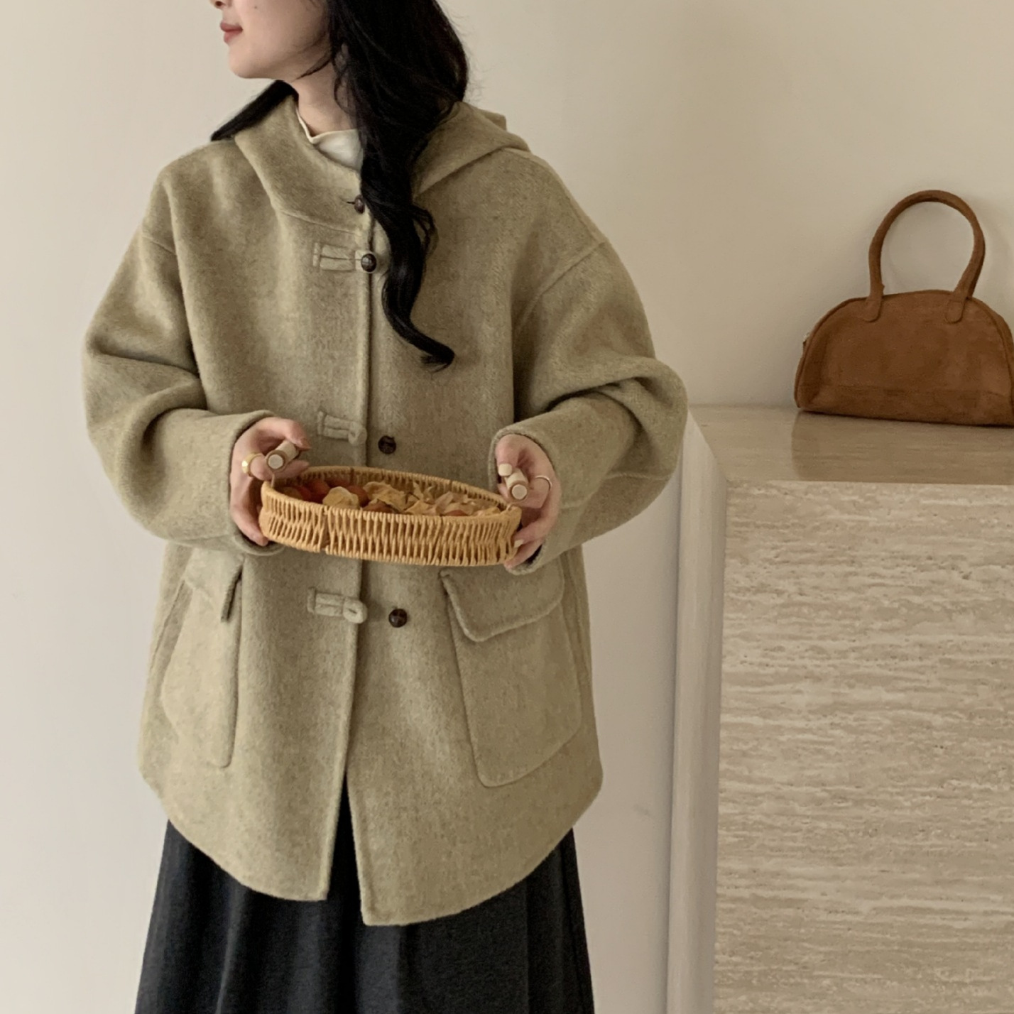 2025秋冬新款双面羊绒大衣宽松女盘扣连帽中长款小个子羊毛呢外套