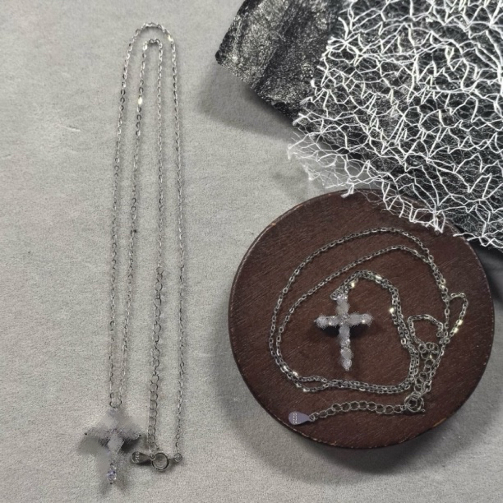 坠链均925银 ins小众设计超闪锆石可叠戴辣妹-镶钻十字架项链1081