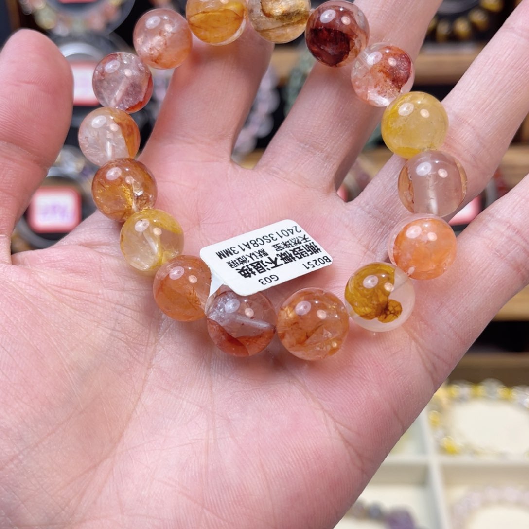 水晶手链未镶嵌红黄胶花13mm