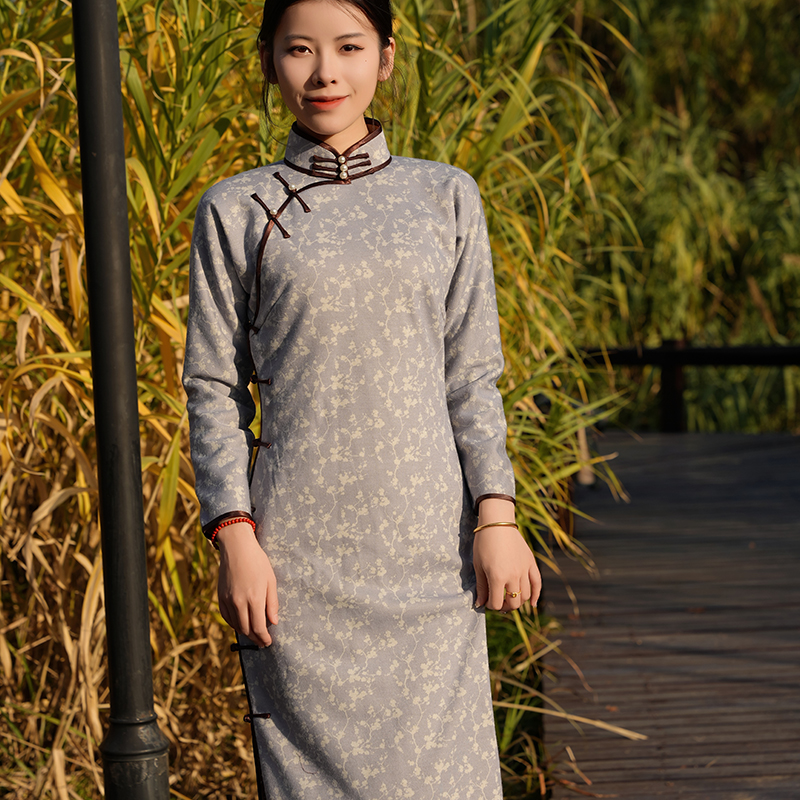 【盼兮】玲珑缎古法全开襟旗袍素雅倒大袖仿兔毛复古