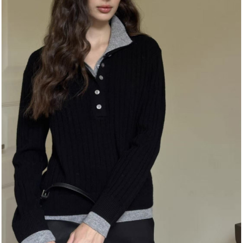 【龙老师身上同款】双层撞色半开门襟高领坑条羊毛衫ZC58092