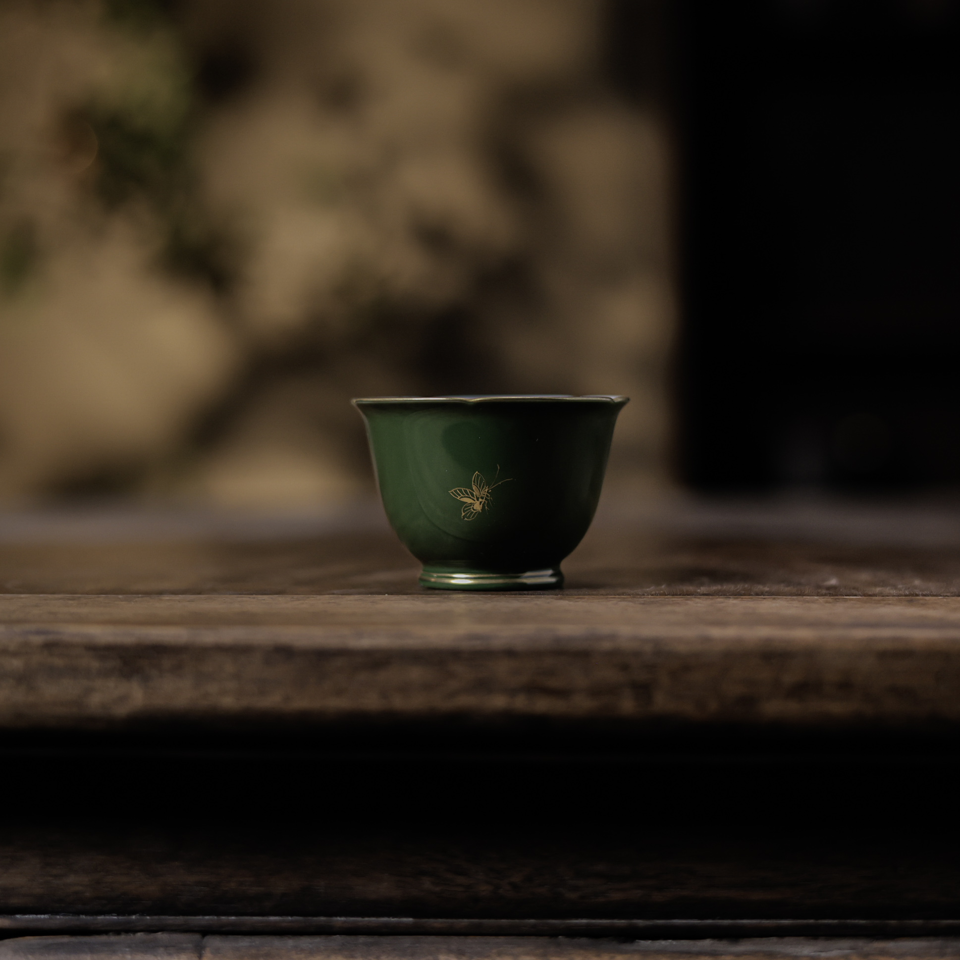 【九姐爱喝茶】石绿青花描金桃花葵口杯75ml（华隐S0663）