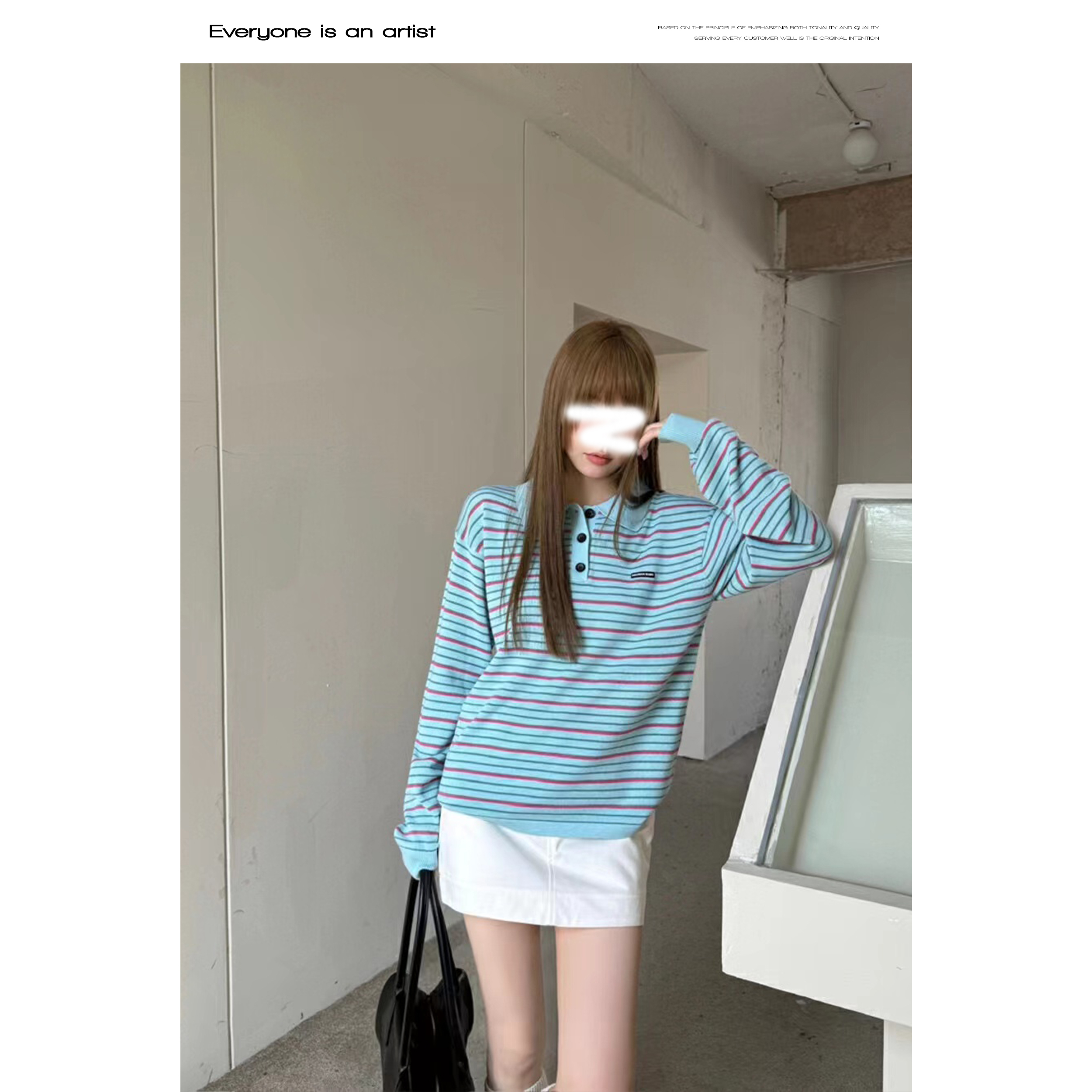 54550条纹翻领宽松上衣遮肉宽松内搭