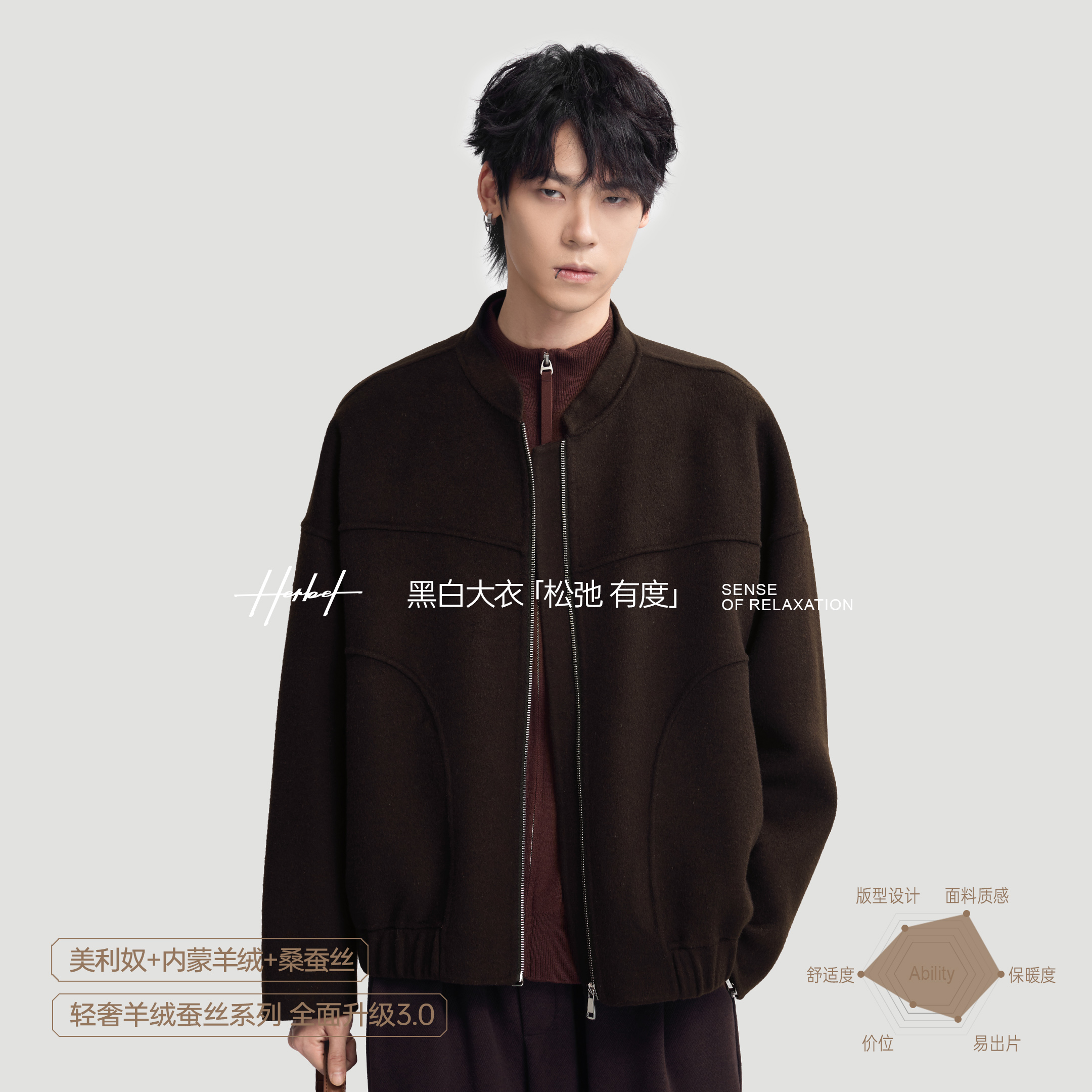 HERBEL/黑白秋冬羊绒蚕丝绵羊毛大衣轻奢羊绒毛呢拉链短外套