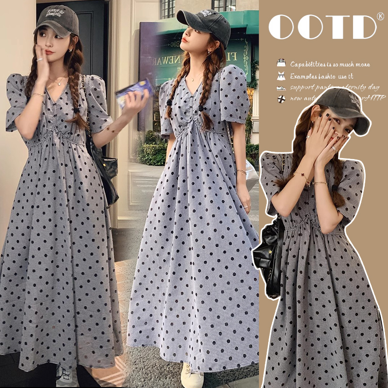 孕妇显瘦宽松高级感V领波点高腰连衣裙女夏气质显瘦