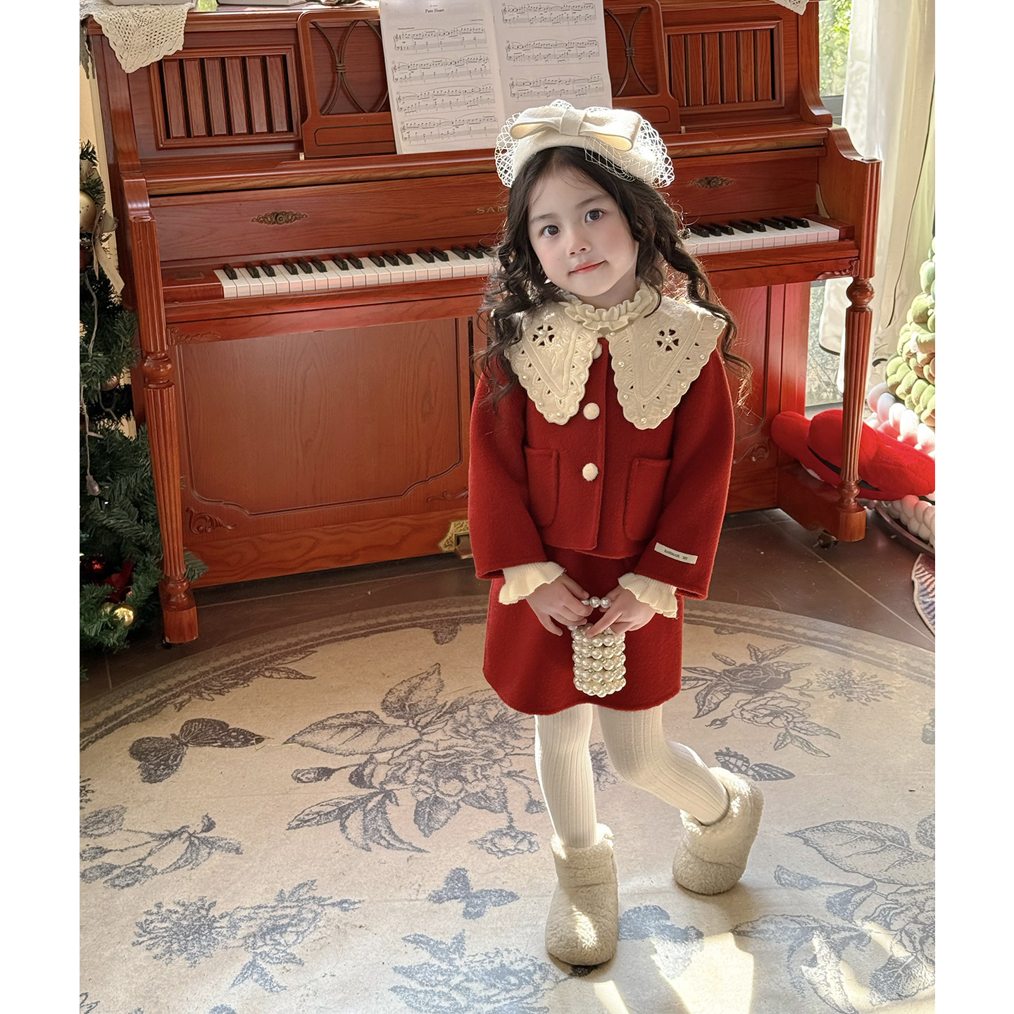 壹妈童装韩版红色套装外套2026冬季新款女童重工翻领连衣裙外套