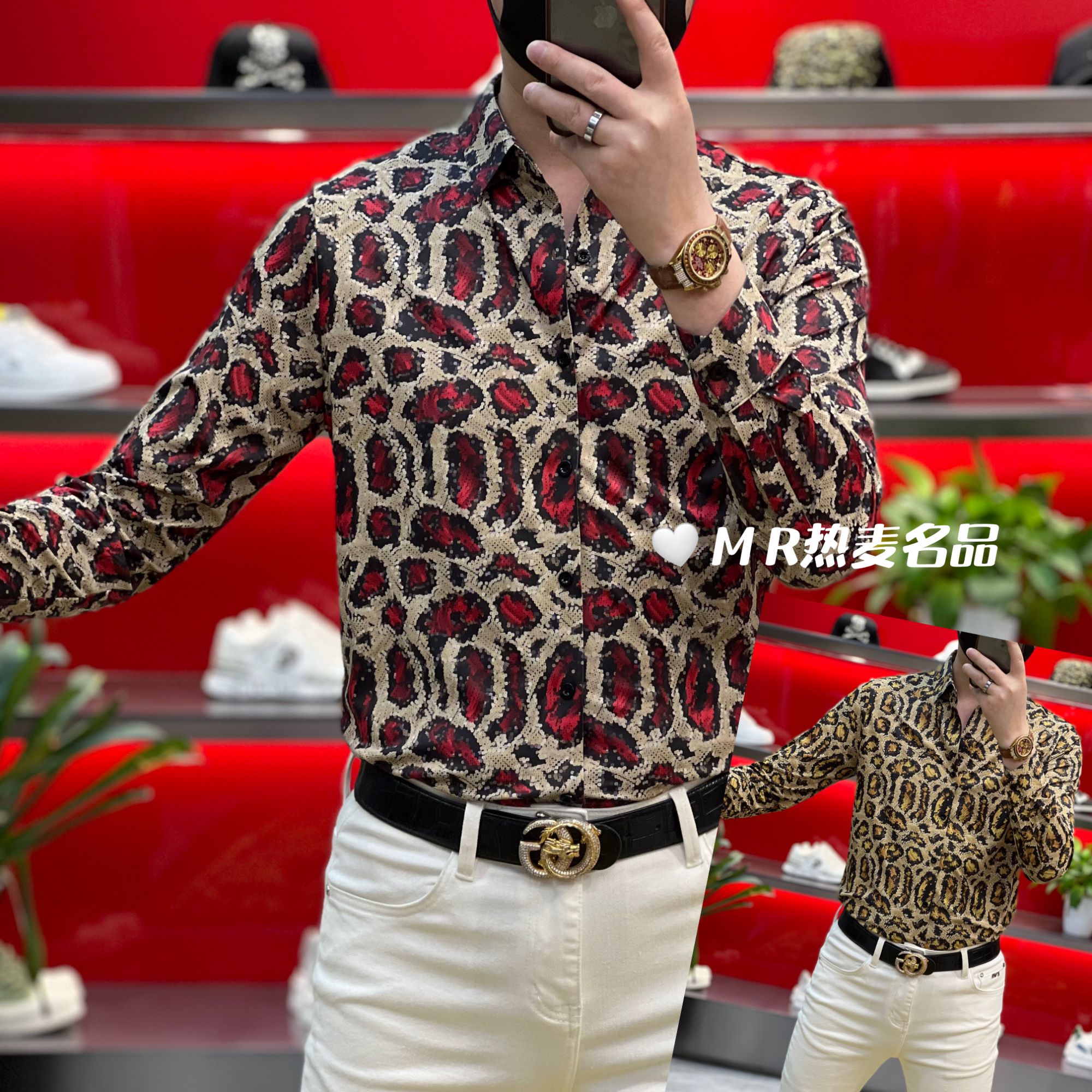 【热麦甄选】2025秋冬新款衬衫珠片印花款男士修身弹力时尚休闲衬衫