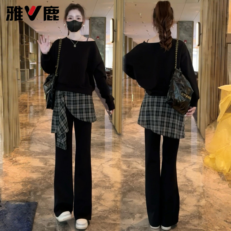 雅鹿时尚套装女2025秋季新款洋气显瘦长袖格子半身裙两件套