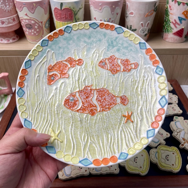 高温釉下彩 立体釉 手工绘画 圆盘 鱼 017