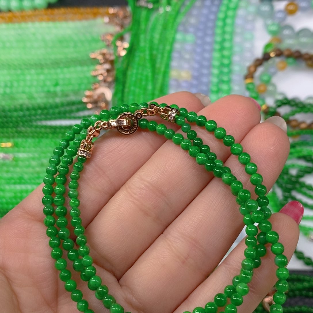 颈饰未镶嵌翡翠缅甸天然翡翠阳绿小米珠塔链3.3，3.7