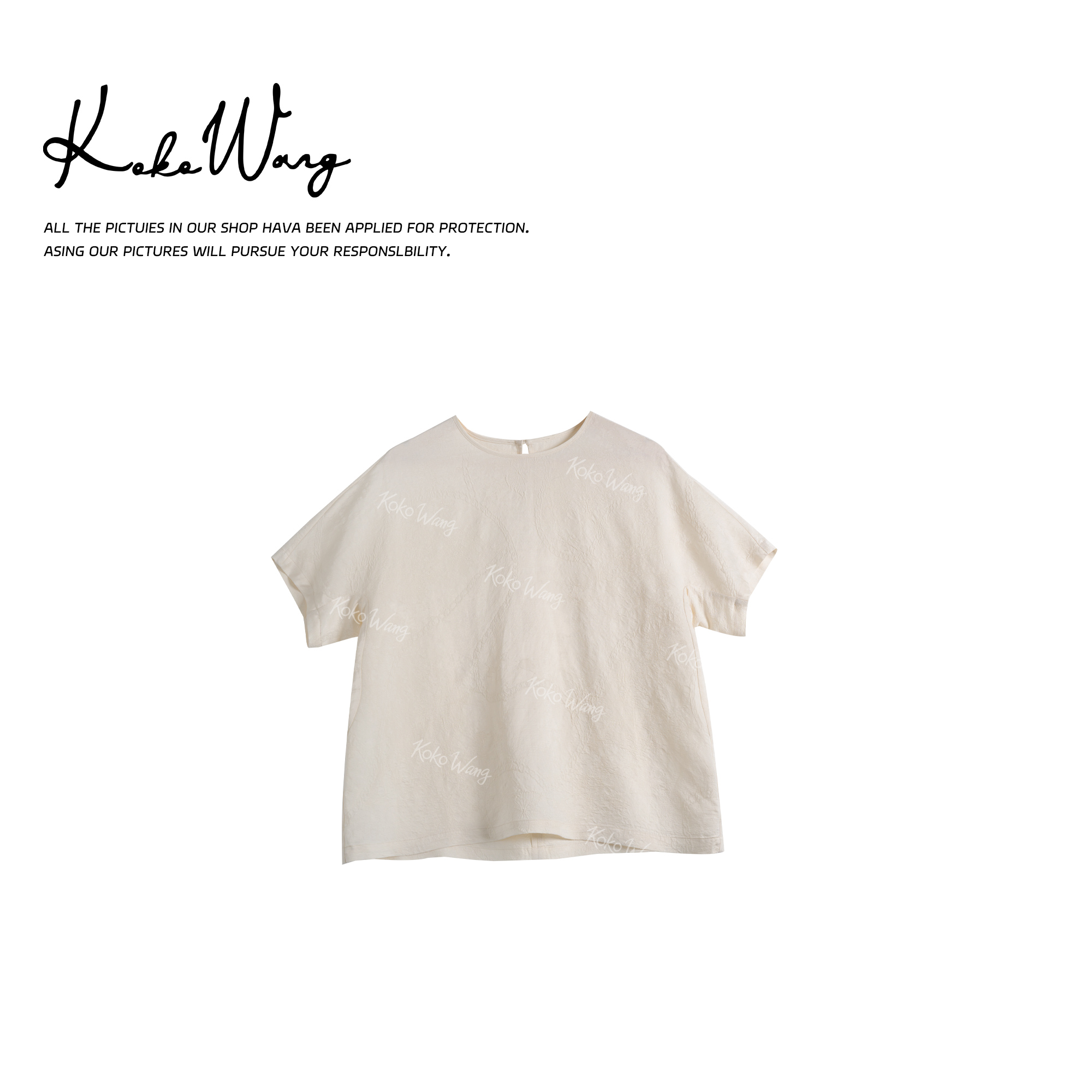 KOKO WANG夏季时尚气质提花舒适亚麻百搭短袖上衣T恤502445F16T42