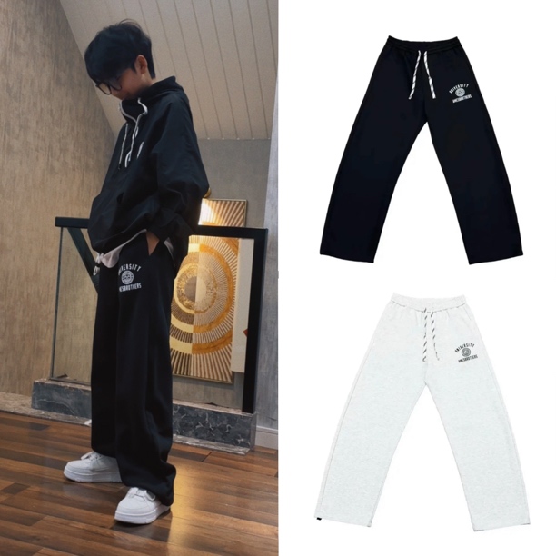 【炸了炸了】 黑白灰三色简约抽绳印百搭出街时尚儿童弯刀直筒裤003