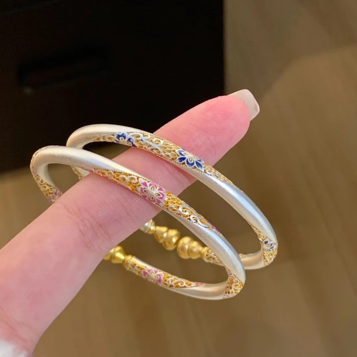 足银手镯Y7足银9999国风描金珐琅彩葫芦繁花开口银手镯