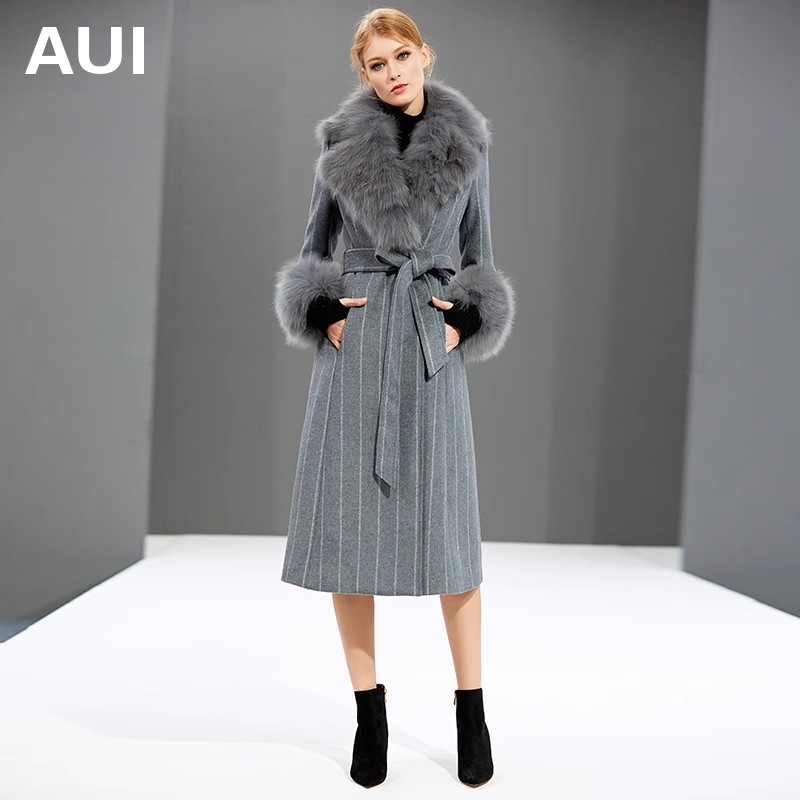 【活动清仓】AUI灰色气质呢子外套女长款修身-AUI18D093271