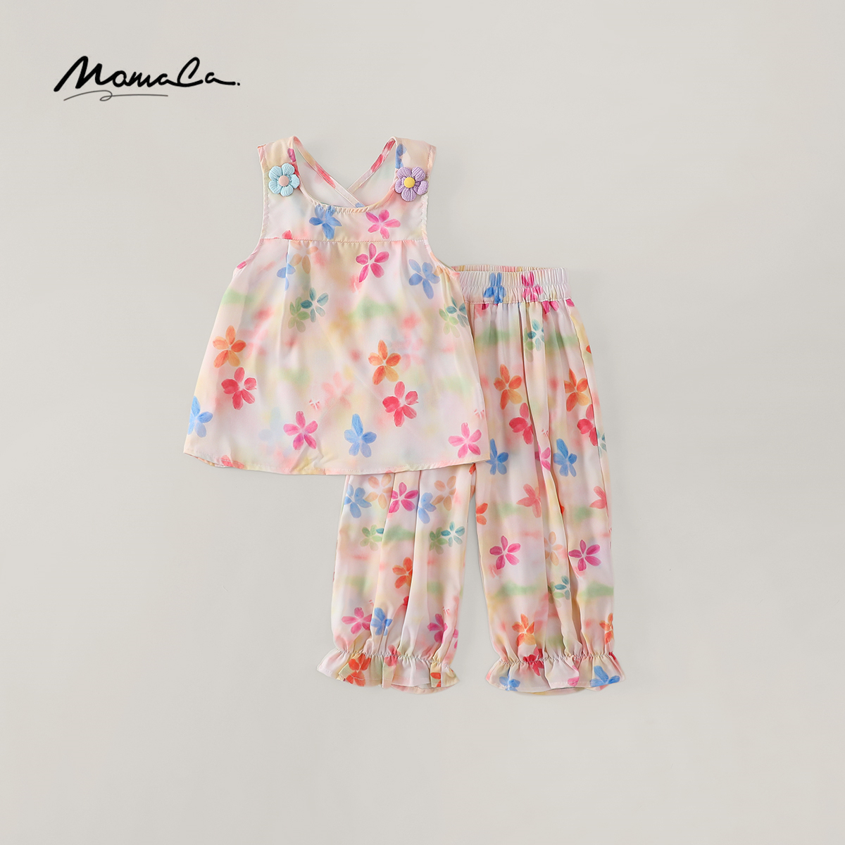 MOMOCO夏季女童时髦无袖背心满印花朵束脚裤两件套77630580152